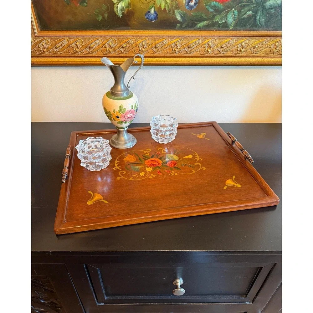 Vintage Hand Painted Floral‎ Wood Tray With Handles